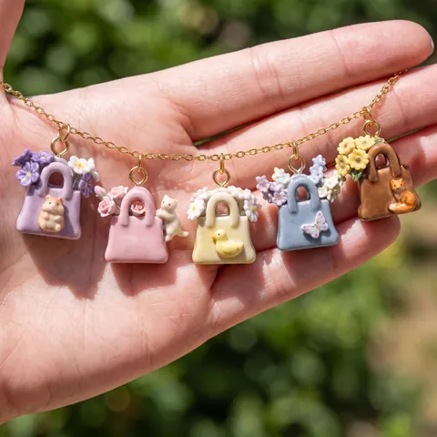 Cartoon Animal Handbag Pendant Necklace Copper Electroplated Floral Bag Charm Jewelry For Women Girl Gift Accessory