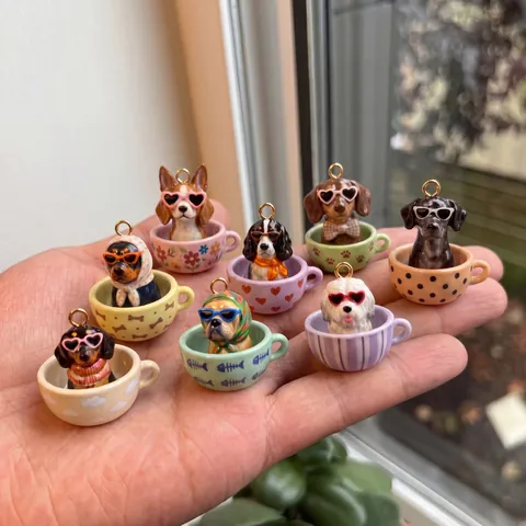 Cartoon Teacup Dog Pendant DIY Colorful Drip Oil Animal Pendants Jewelry For Women 18K Gold Plated Copper Pendant