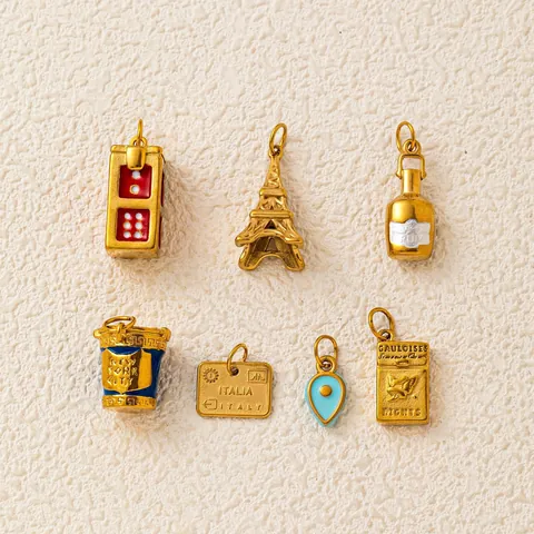 Stainless Steel Travel Theme DIY Jewelry Pendants 18K Gold Plated Eiffel Tower Wine Bottle Dice Coffee Cup Enamel Charms For Necklace Bracelet Making
