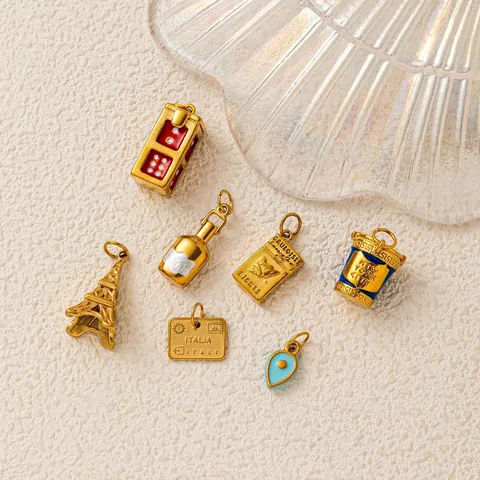 Stainless Steel Travel Theme DIY Jewelry Pendants 18K Gold Plated Eiffel Tower Wine Bottle Dice Coffee Cup Enamel Charms For Necklace Bracelet Making