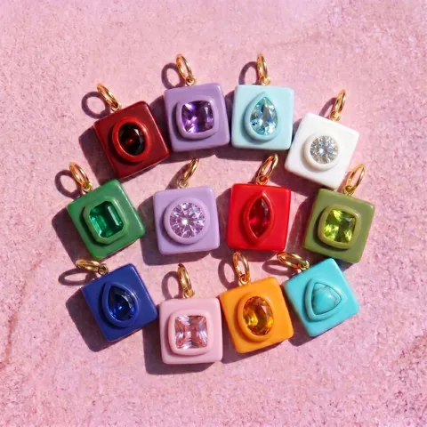 18K Gold Plated Stainless Steel Birthstone Pendant Square Enamel Rhinestone DIY Jewelry Making Accessory For Necklace Chain