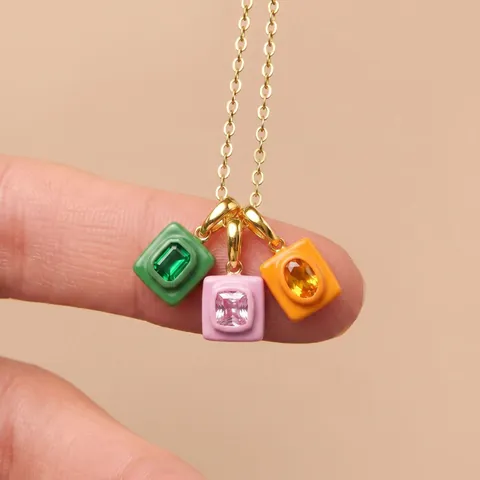 18K Gold Plated Stainless Steel Birthstone Pendant Square Enamel Rhinestone DIY Jewelry Making Accessory For Necklace Chain