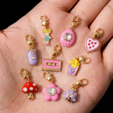 Copper 18K Gold Plated Enamel Pendant Necklace With Rhinestone Artificial Pearl Y2K Cartoon Mushroom Flower Pendant Jewelry