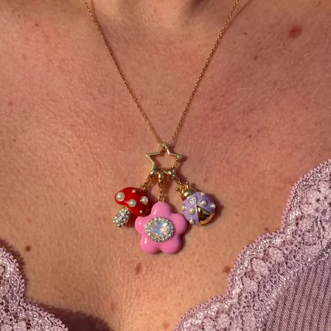Copper 18K Gold Plated Enamel Pendant Necklace With Rhinestone Artificial Pearl Y2K Cartoon Mushroom Flower Pendant Jewelry