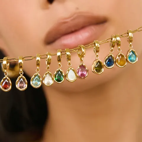 Vintage Stainless Steel Water Drop Birthstone Pendant Necklace For Women Gold Plated Rhinestone Charms Jewelry Gift