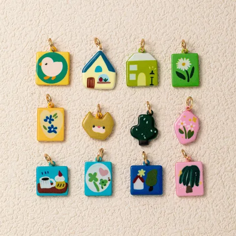18K Gold Plated Copper Cartoon Pendant Dopamine Color Flower Chick Cat House Shape Enamel Drip Oil Charms For DIY Jewelry Making Women Girl Gift