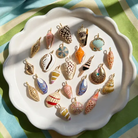 Beach Shell Collection Pendant Hand-painted Texture Conch Seashell Charm For Women Handmade Jewelry Making Copper Alloy Rhinestone Pendant