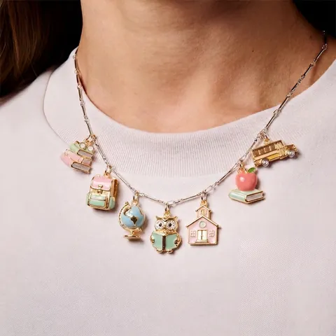Collier à Pendentif Thème Scolaire en Acier Inoxydable Hibou Globe Livre Bus Scolaire Émail Strass Bijoux DIY Cadeau pour Professeurs Étudiants