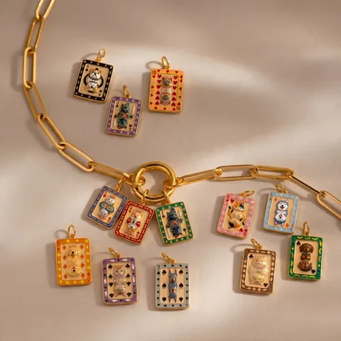 Niche Cartoon Poker Pet Pendant Necklace Stainless Steel Enamel Cat Dog Charms Gold Silver DIY Jewelry Accessories For Women