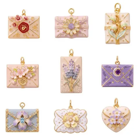 French Vintage Style Enamel Envelope Flower Pendant DIY Copper Jewelry Making Lavender Tulip Daisy Heart Pendant Necklace Women Accessory