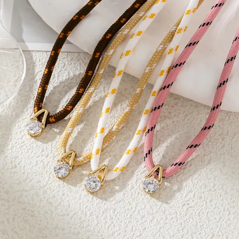 Western Style Double Rope Knot Pendant Necklace For Women Copper Gold Plated Round Sparkling Rhinestone Woven Cord Neckwear Jewelry
