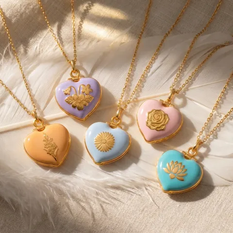 Vintage Enamel Heart Locket Necklace For Women Gold Plated Birth Flower Pendant Monthly Commemorative Jewelry Floral Pattern Locket