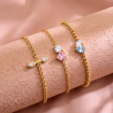 Minimalist Stainless Steel Gold Plated Bracelet For Women Double Layer Fine Cuban Chain With Rhinestone Heart Water Drop Elegant Fashion Jewelry
