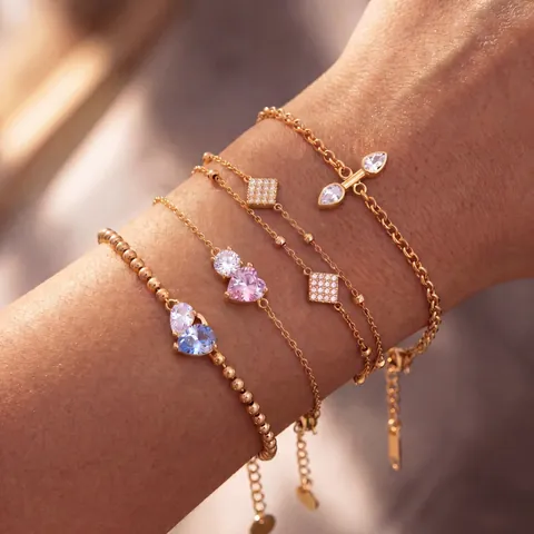 Minimalist Stainless Steel Gold Plated Bracelet For Women Double Layer Fine Cuban Chain With Rhinestone Heart Water Drop Elegant Fashion Jewelry