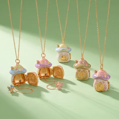 Macaron Farbverlauf Pilzhaus Medaillon Anhänger Halskette Kupfer Galvanisiert Fee Mikro Miniatur Zu Öffnen Schmuck Geschenk Für Damen