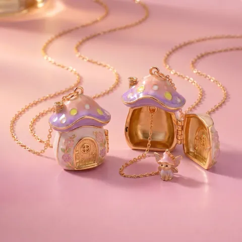Macaron Farbverlauf Pilzhaus Medaillon Anhänger Halskette Kupfer Galvanisiert Fee Mikro Miniatur Zu Öffnen Schmuck Geschenk Für Damen