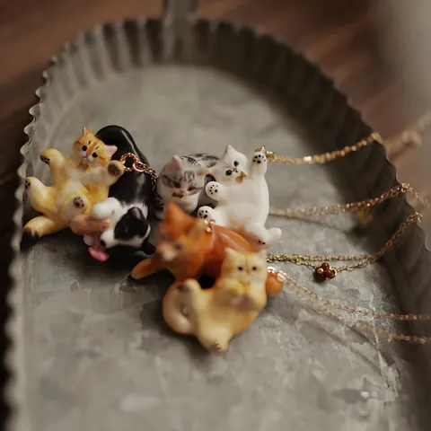Cute 3D Animal Cat Dog Pendant Necklace Copper Hand Painted Cartoon Kitten Puppy Clavicle Chain Jewelry For Women Men Gift