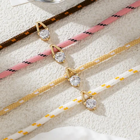 Western Style Double Rope Knot Pendant Necklace For Women Copper Gold Plated Round Sparkling Rhinestone Woven Cord Neckwear Jewelry