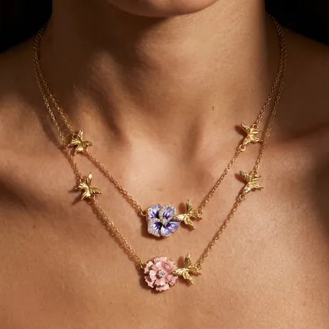 European Style Copper Birth Flower Pendant Necklace For Women Luxury Gold Plated Rhinestone Butterfly Enamel Floral Necklace Jewelry