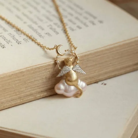 Dreamy Copper Angel Cat Pendant Necklace With Artificial Pearl Cloud Star Moon Rhinestone Circle Commuter Niche Jewelry