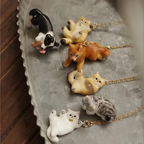 Cute 3D Animal Cat Dog Pendant Necklace Copper Hand Painted Cartoon Kitten Puppy Clavicle Chain Jewelry For Women Men Gift