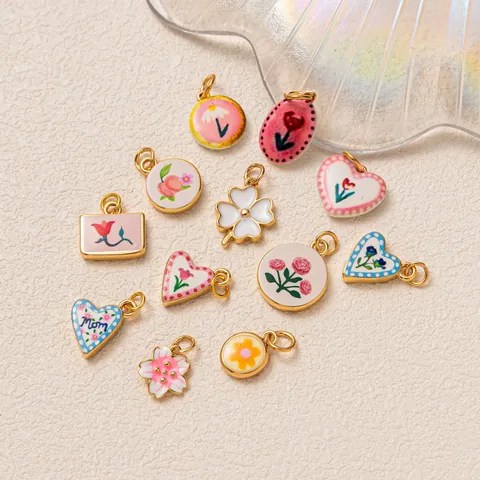 Gold Plated Copper Enamel Flower Heart Pendant Dopamine Retro Rose Tulip Butterfly Knot Charm For Jewelry Making Women Necklace DIY