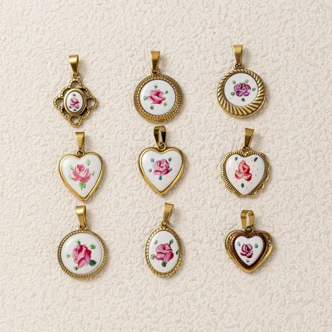 Vintage Collana con Ciondolo a Forma di Rosa in Acciaio Inossidabile 316 Cuore Geometrico Ciondoli Dipinti per Creazione Gioielli DIY Donna Regalo Placcato Oro