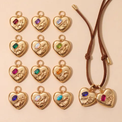 Pendentif Coeur Douze Constellations en Relief 3D Avec Strass Colorés Collier Signe du Zodiaque en Acier Inoxydable 316L pour Femme