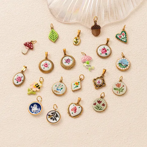 Vintage Stainless Steel DIY Charm Pendant 18K Gold Plated Enamel Flower Mushroom Heart Animal Charms For Jewelry Making DIY Necklace Accessory