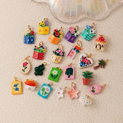 18K Gold Plated Copper Enamel Flower Heart Mushroom House Pendants Colorful Dopamine Jewelry Accessories DIY Necklace For Women