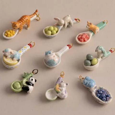Stainless Steel Mini Spoon Pendant Necklace Cute Animal Fruit Designs 3D Cartoon Pet Accessory For Women Girl Jewelry Gift