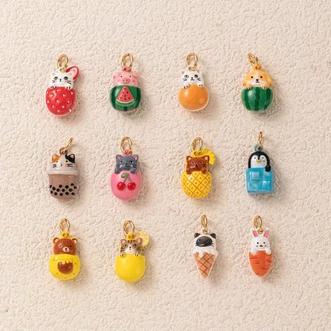 Cute Cartoon Cat Rabbit Bear Animal Fruit Food Enamel Copper Pendants For DIY Necklace Bracelet Jewelry Accessories Women