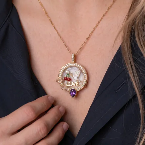 Copper Crystal Round Locket Necklace For Women Rhinestone Enamel Cherry Bird Love Pendant Charm DIY Jewelry Accessories
