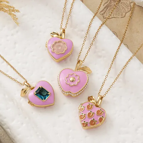 Collar con Colgante de Relicario Corazón de Melocotón Manzana Esmalte Rosa Cobre Chapado en Oro Joyería para Mujeres