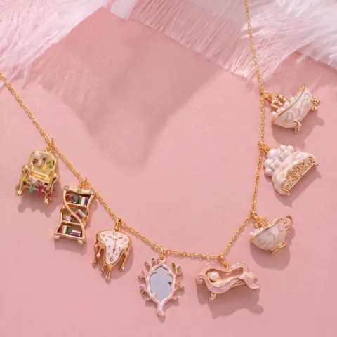 Collana con Ciondolo Mobili in Rame Vintage Stile Surrealista Salvador Dali Orologio Squagliato Poltrona Smalto Strass Perla Artificiale Ciondoli Donna Gioielli