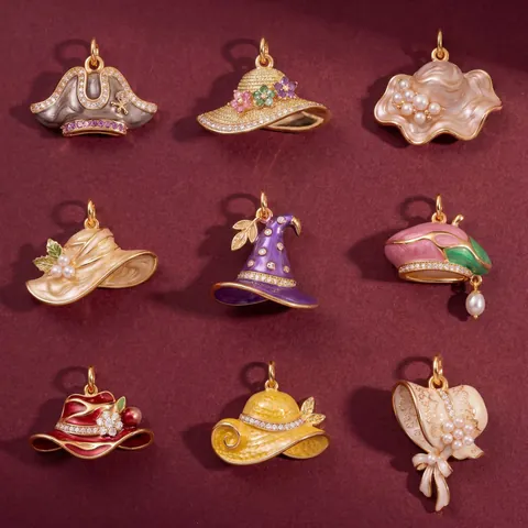 Vintage Copper Hat Pendants Enamel Witch Straw Beret Charm For DIY Necklace Bracelet With Rhinestone Artificial Pearl Accessory