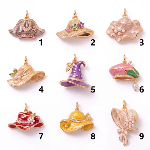 Vintage Copper Hat Pendants Enamel Witch Straw Beret Charm For DIY Necklace Bracelet With Rhinestone Artificial Pearl Accessory