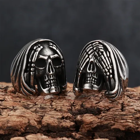 Vintage Grim Reaper Skull Stainless Steel Ring For Men Gothic Punk Dark Style Antique Finish Wide Band Ghost Head Finger Ring