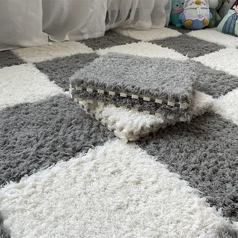 Interlocking Plush Floor Mats Square Puzzle Shaggy Carpet Tiles For Bedroom Living Room Soft Cake Velvet Foam Padding Non-Slip Decor