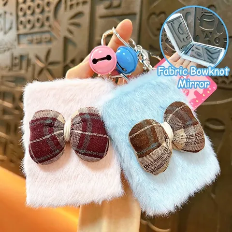 Creative Plush Bow Folding Mirror Keychain Cute Faux Fur Portable Makeup Mirror Bag Pendant For Women Girls Daily Accessory