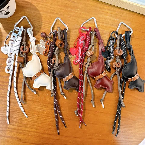 Vintage PU Leather French Bulldog Keychain Niche Design Bag Pendant Versatile Animal Key Ring Accessory Small Gift For Women Girls