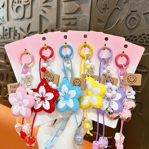Creative Alloy Cherry Blossom Flower Keychain with Braided Rope Bell Cute Bag Charm Pendant for Women Gift Accessory