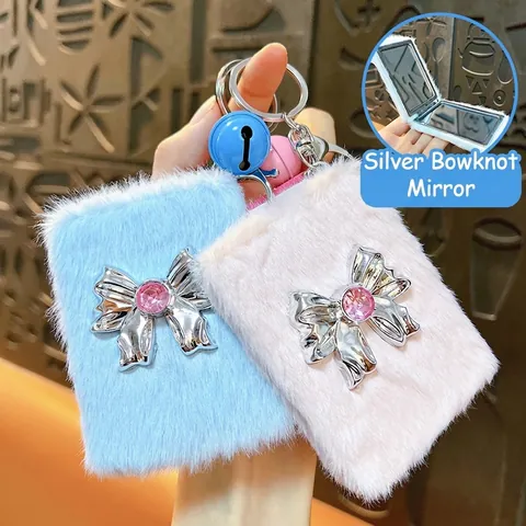 Creative Plush Bowknot Folding Mirror Keychain Portable Makeup Mirror Soft Faux Fur Bag Charm Hanging Decoration For Women
