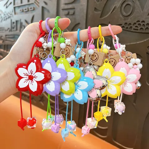 Creative Alloy Cherry Blossom Flower Keychain with Braided Rope Bell Cute Bag Charm Pendant for Women Gift Accessory