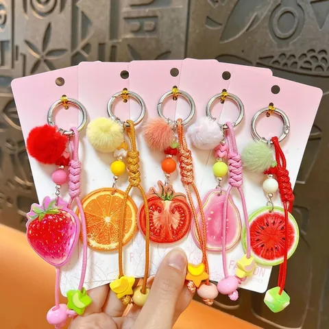 Porte-clés Créatif en Acrylique Tranche de Fruit Réaliste Avec Pompon Corde Tissée à la Main Fraise Orange Pastèque Pendentif de Sac