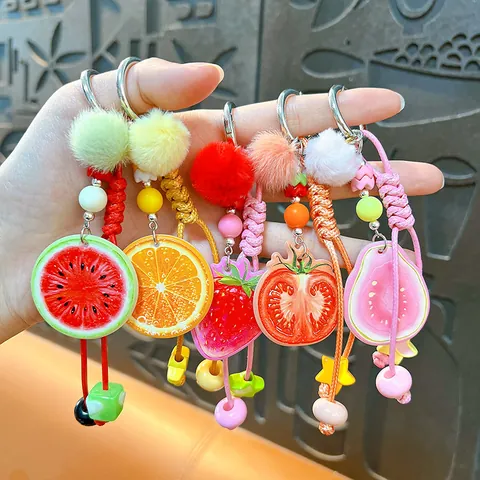 Porte-clés Créatif en Acrylique Tranche de Fruit Réaliste Avec Pompon Corde Tissée à la Main Fraise Orange Pastèque Pendentif de Sac