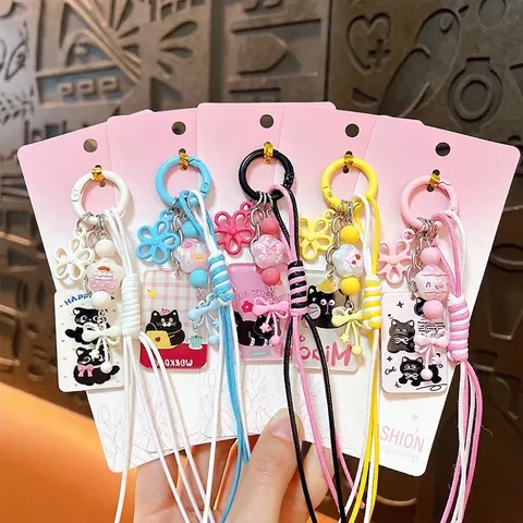 Cute Cartoon Cat Acrylic Bag Charm Keychain With Colorful Braided Rope Flower Pendant For Backpack Purse Car Keys Women Girls Birthday Gift Accessories
