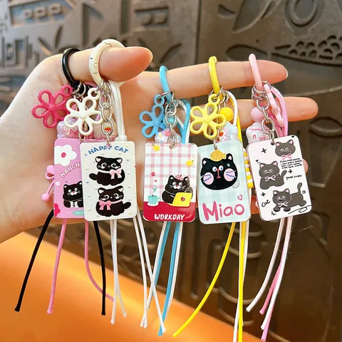 Cute Cartoon Cat Acrylic Bag Charm Keychain With Colorful Braided Rope Flower Pendant For Backpack Purse Car Keys Women Girls Birthday Gift Accessories