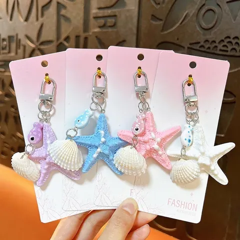 Ocean Style Starfish Shell Keychain Acrylic Marine Theme Bag Charm Cute Key Ring Pendant For Women Kids