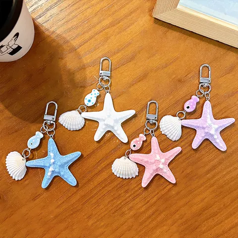 Ocean Style Starfish Shell Keychain Acrylic Marine Theme Bag Charm Cute Key Ring Pendant For Women Kids